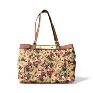 Patricia Nash Antique Rose Coated Linen Canvas Ria Tote Leather Trim Floral Tote
